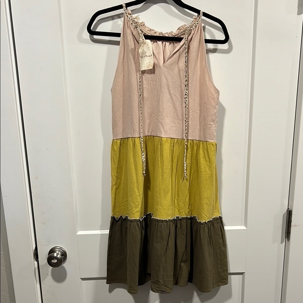 Hem & Thread Colorblock Sleeveless Tiered Sun Dress in Cream,Yellow, and Olive